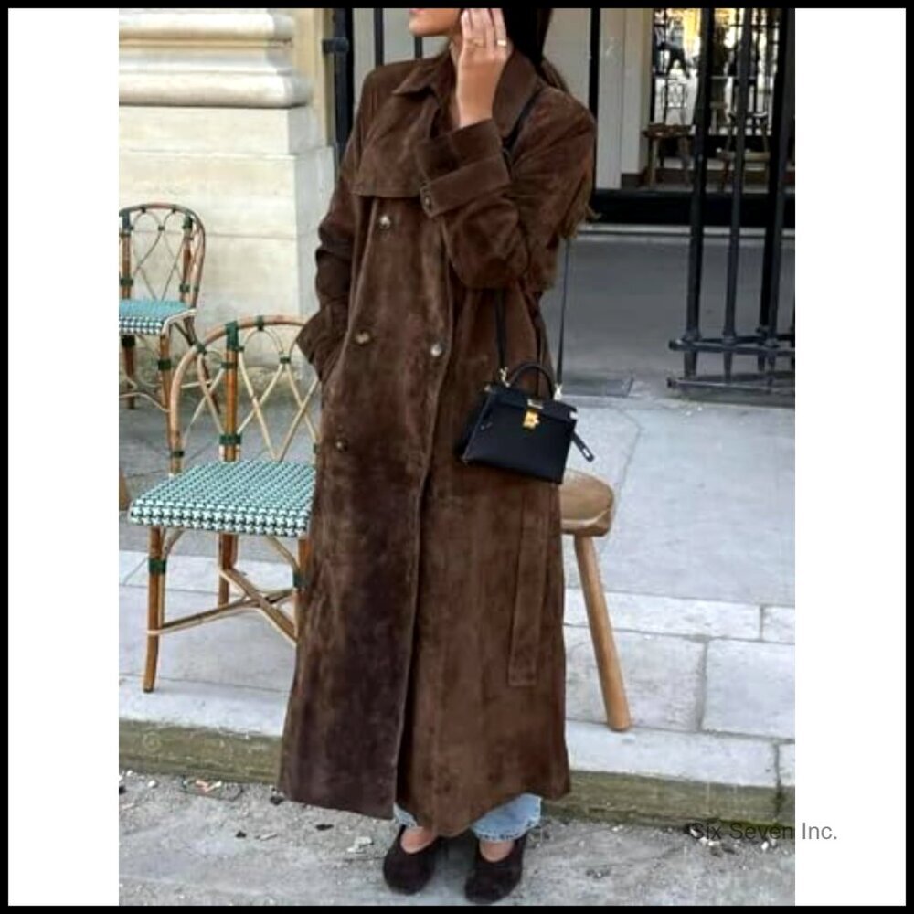Faux Suede Trench Coat Double Breasted Pea Coat with Belt - Picture 3 of 6
